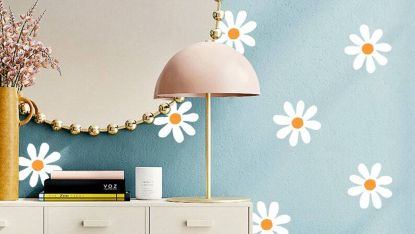 Fun daisy wall decals with sideboard and round wall mirror