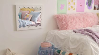 Dormify ripple mirror in white in colorful dorm room on wall