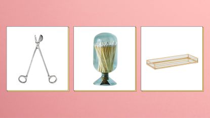 #CandleTok accessories including a trimmer, candle cloche and candle tray on a pink background