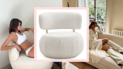 A collage of Rosie Huntington-Whilteley, Kaia Gerber, and a boucle accent chair with pink border