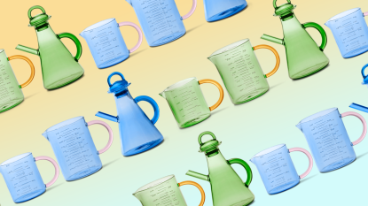 Collage of Great Jones' new glassware collection in blue and green